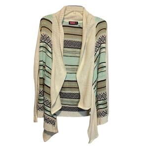 Say What Ivory and Turquoise Aztec Print Open Front Waterfall Cardigan Medium